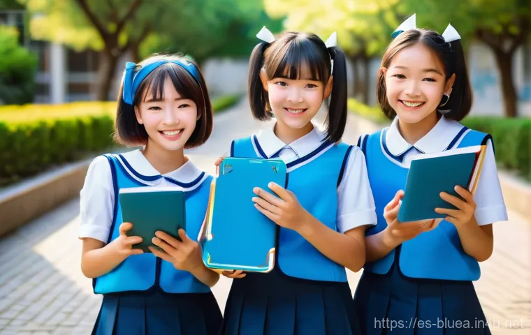 블루아카이브 버그 및 해결 방법 - **A group of three adorable Blue Archive students from Kivotos, wearing their distinctive, fully cov...