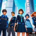 블루아카이브 매뉴얼 업데이트 - A dynamic tactical RPG team formation scene showcasing diverse anime-style characters in stylish sch...