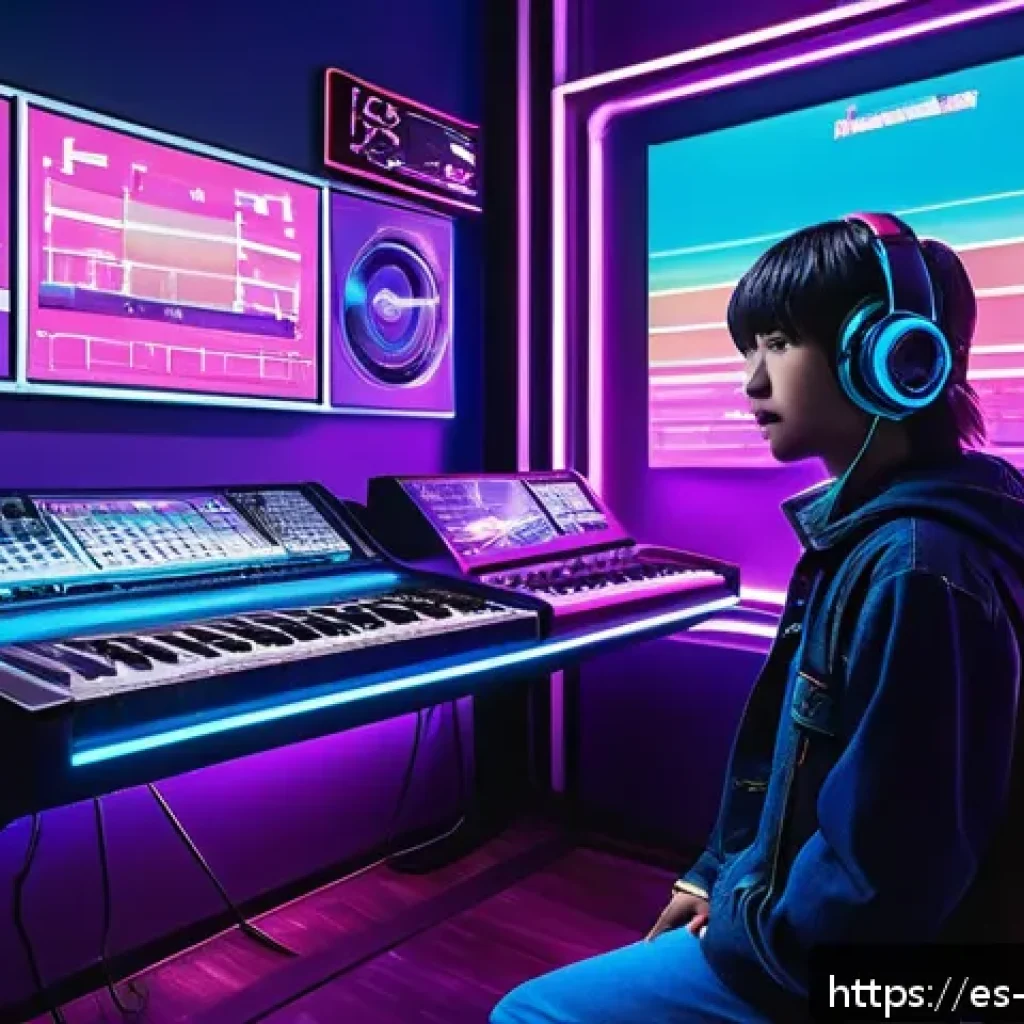 블루아카이브 학원별 테마곡 - A vibrant futuristic school scene inspired by Akihabara academy, featuring students dressed in moder...