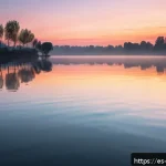 블루아카이브 백그라운드 설정 - A serene pastel-toned background featuring a soft sunset over a calm lake with gentle ripples, subtl...