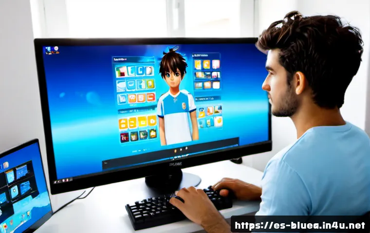 블루아카이브 커스터마이징 옵션 - Photorealistic over-the-shoulder view of a Spanish gamer in a bright modern apartment in Madrid, cus...